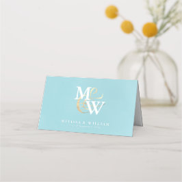Elegantes Monogram Gold Sea Glass Aquamarin White  Platzkarte