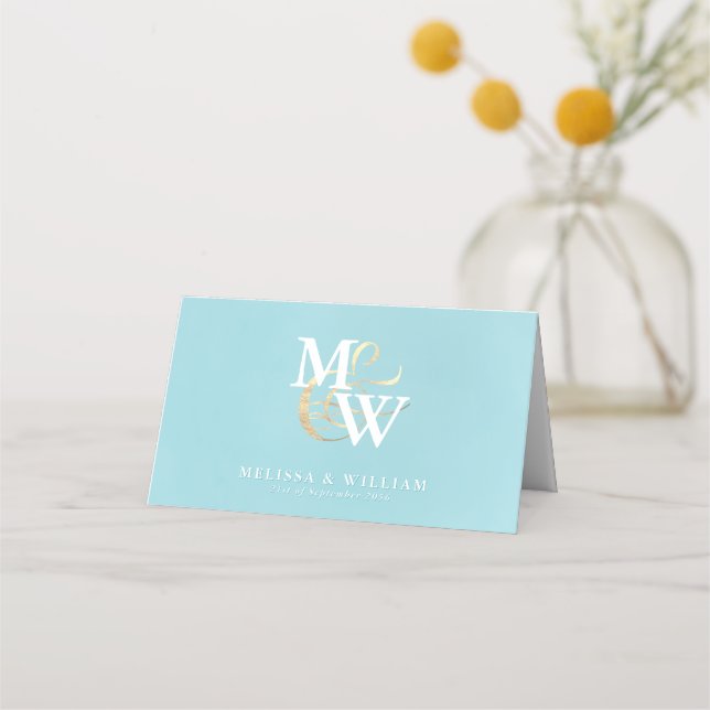 Elegantes Monogram Gold Sea Glass Aquamarin White  Platzkarte (Vorderseite)