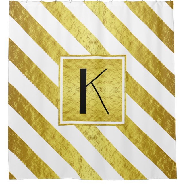 Elegantes Monogram Gold Stripes Muster Duschvorhang (Vorderseite)