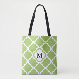 Elegantes Monogram Green Quatrefoil Muster Tasche