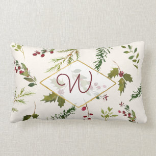 Elegantes Monogram Holly Berry Vintages Skript Lendenkissen