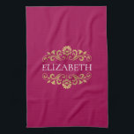 Elegantes Monogram Hot Pink Gold Küchentuch<br><div class="desc">Ein elegantes und elegantes heißes Rosa und Gold blühte ein monogramm Küchentuch. Fügen Sie Ihren Namen zwischen den goldenen Blüten auf der Vorderseite geblüht. Entworfen für Sie von BlackBerry Boulevard.</div>
