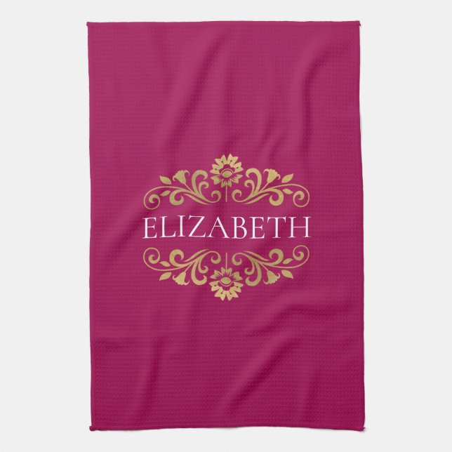 Elegantes Monogram Hot Pink Gold Küchentuch (Vertikal)