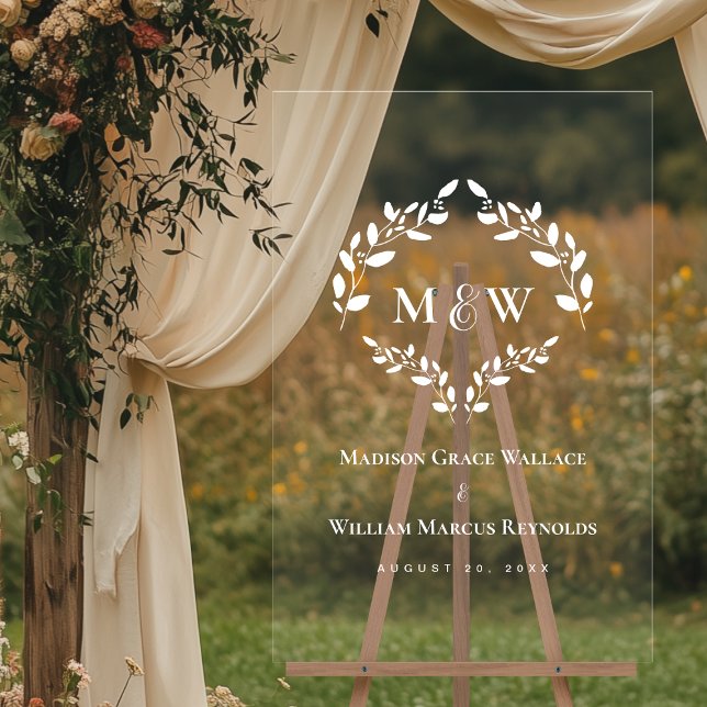 Elegantes Monogram Initials Wreath Wedding Wappen Acrylschild (Luxury Acrylic transparent wedding crest monogram sign)