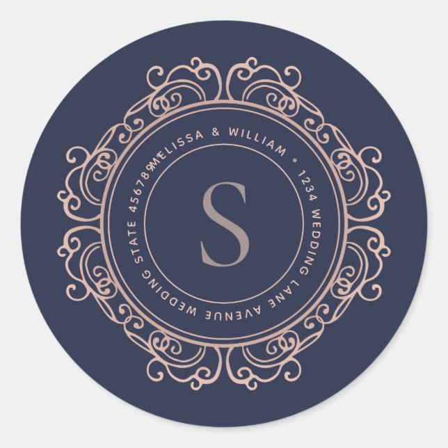 Elegantes Monogram Navy Copper Blush Address Siege Runder Aufkleber (Vorderseite)