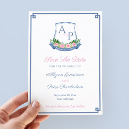 Elegantes Monogram Navy Pink Roses Wedding Wappen Save The Date