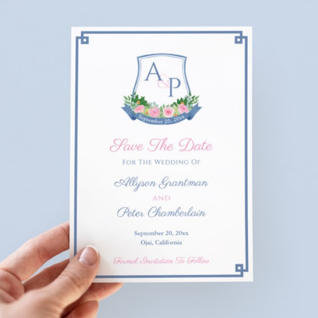 Elegantes Monogram Navy Pink Roses Wedding Wappen Save The Date (Preppy wedding save the date featuring a hand-painted watercolor navy and hot pink monogram crest)