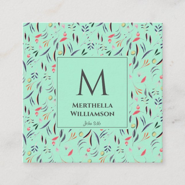 Elegantes MONOGRAM Neo Mint Floral Quadratische Visitenkarte (Vorderseite)