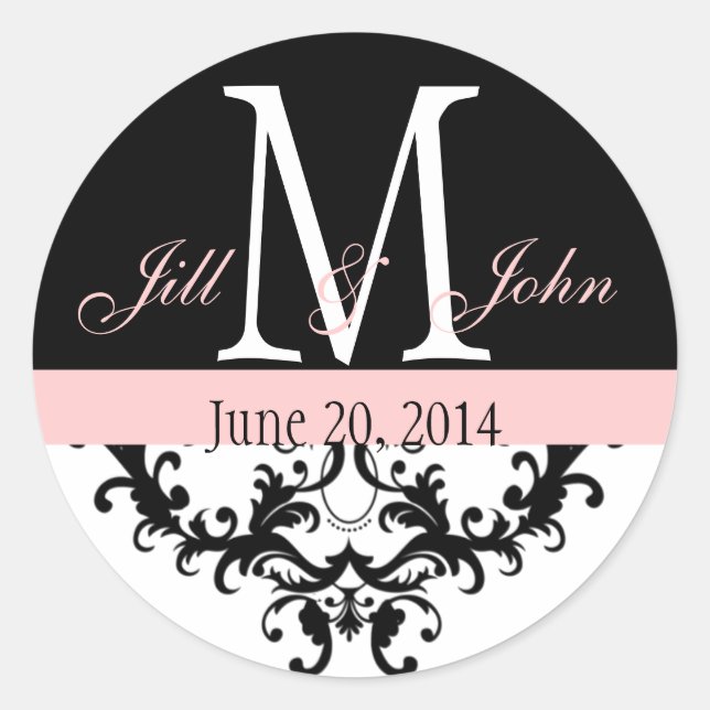 Elegantes Monogram Pink Black Wirbel Wedding Siege Runder Aufkleber (Vorderseite)