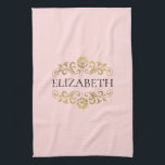 Elegantes Monogram Rosa Goldenes Küchentuch<br><div class="desc">Ein elegantes und elegantes Rosa- und Goldmedaille blüht ein monogramm Küchentuch. Fügen Sie Ihren Namen zwischen den goldenen Blüten auf der Vorderseite geblüht. Entworfen für Sie von BlackBerry Boulevard.</div>