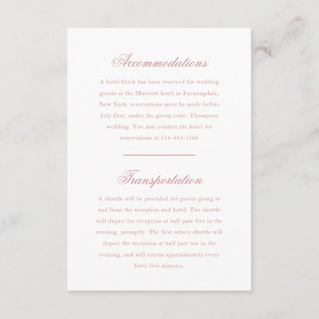 Elegantes Monogram Rose Blush Script Wedding Hotel Begleitkarte (Vorderseite)