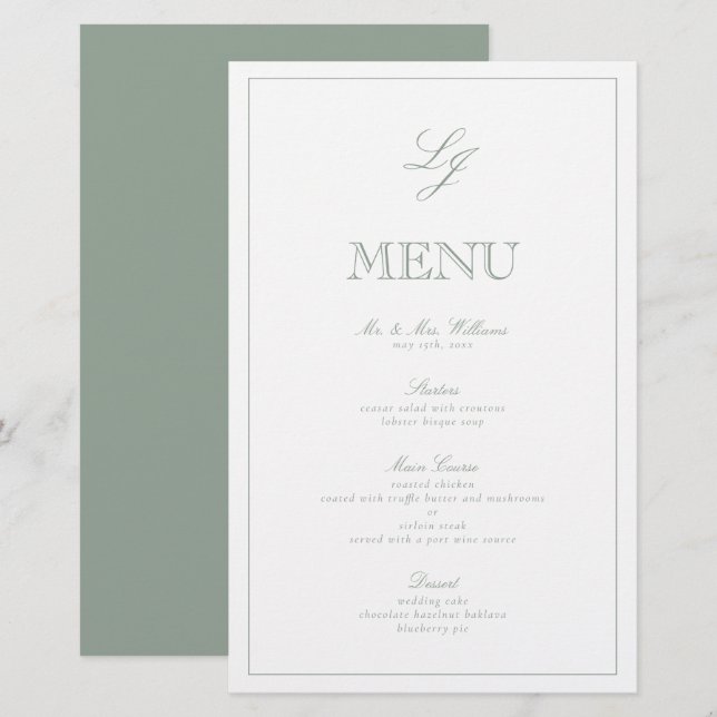 Elegantes Monogram Sage Green Script Wedding Menu (Vorne/Hinten)