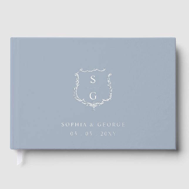 Elegantes Monogram Wappen Dusty Blue Silver Weddin Gästebuch (Vorderseite)
