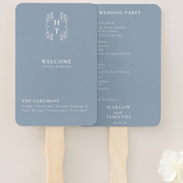 Elegantes Monogram Wappen Dusty Blue Wedding Progr Fächer (Elegant Monogram Crest Dusty Blue Wedding Program Hand Fan)