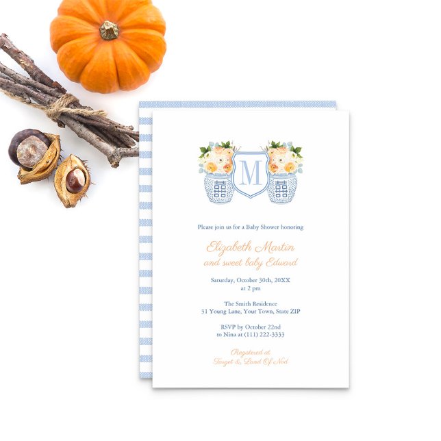 Elegantes Monogram Wappen Fall Baby Shower Party Einladung (Fall Floral Monogram Baby Boy Shower Invitation)