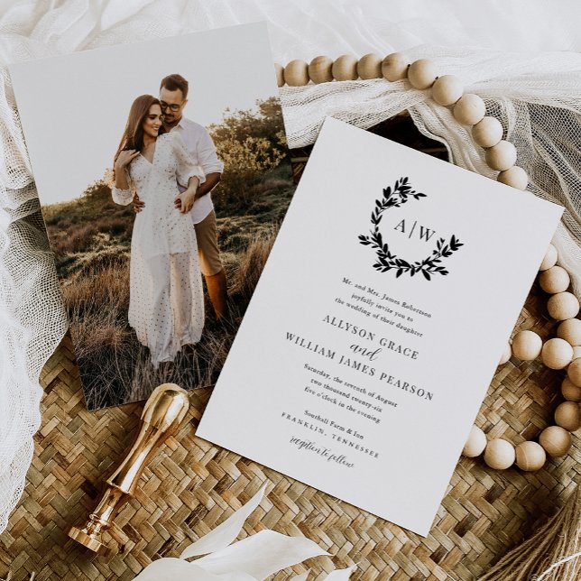 Elegantes Monogram Wappen Foto Botanische Hochzeit Einladung (Von Creator hochgeladen)