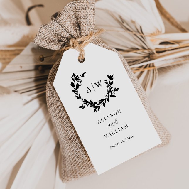 Elegantes Monogram Wappen Foto Botanische Hochzeit Geschenkanhänger (Von Creator hochgeladen)