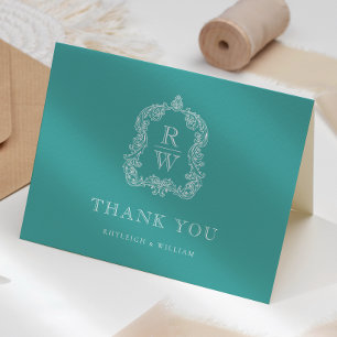 Elegantes Monogram Wappen Türkis Wedding Dankeskarte