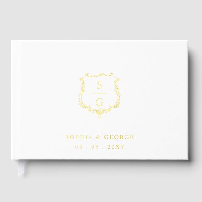 Elegantes Monogram Wappen White and Gold Wedding Gästebuch (Vorderseite)