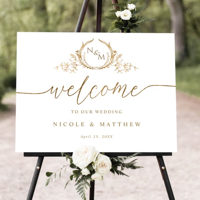 Elegantes Monogram Wedding Welcome Sign in Gold Poster (Von Creator hochgeladen)