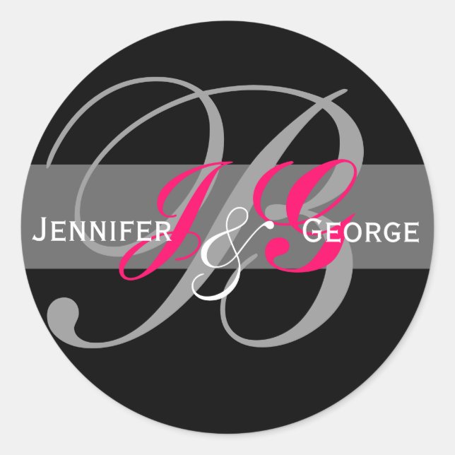 Elegantes Monogram White Black Fuchsia Wedding Sie Runder Aufkleber (Vorderseite)