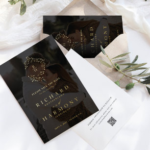 Elegantes Monogram Wreath Black Foto Save the Date Folieneinladung