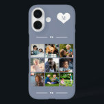 Elegantes Monogramm 9-Foto-Collage blau iPhone 16 Hülle<br><div class="desc">Fügen Sie neun Foto-,  Kinder-,  Haustiere- oder Freundbilder hinzu und erstellen Sie Ihre eigene,  wunderschöne Handybox mit dem Monogramm-Namen in einem weißen Herz auf einem staubigen blauen Hintergrund.            Einfach mit Ihren benutzerdefinierten Bildern und Buchstaben personalisieren</div>