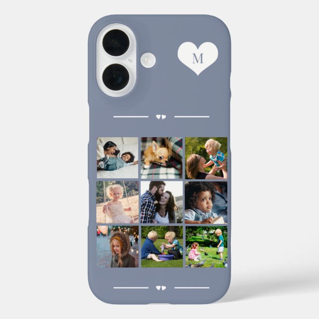 Elegantes Monogramm 9-Foto-Collage blau iPhone 16 Hülle (Rückseite)