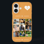 Elegantes Monogramm 9-Foto-Collage orange iPhone 16 Hülle<br><div class="desc">Fügen Sie neun Foto-,  Kinder-,  Haustiere- oder Freundbilder hinzu und erstellen Sie Ihre eigene,  wunderschöne Handybox mit dem Monogramm-Namen in einem weißen Herz über einem orangefarbenen Hintergrund.            Einfach mit Ihren benutzerdefinierten Bildern und Buchstaben personalisieren</div>