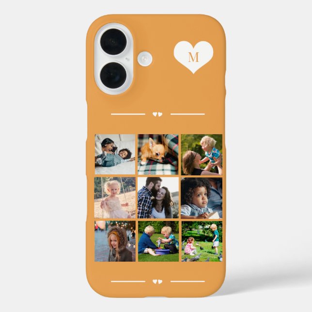 Elegantes Monogramm 9-Foto-Collage orange iPhone 16 Hülle (Rückseite)