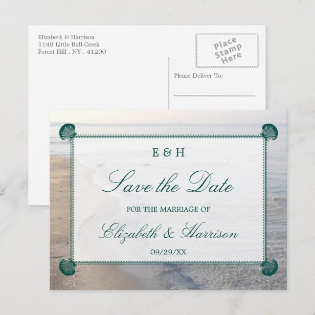 Elegantes Monogramm, Aquamariner Scallop Beach Sav Ankündigungspostkarte (Vorne/Hinten)