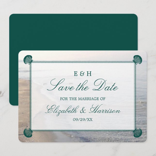 Elegantes Monogramm, Aquamariner Scallop Beach Save The Date (Vorne/Hinten)
