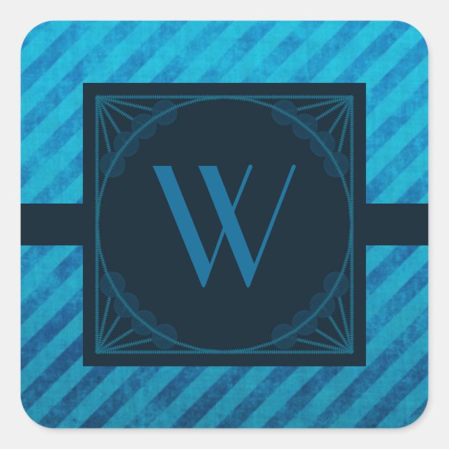 Elegantes Monogramm auf blauen Diagonalstreifen Quadratischer Aufkleber (Vorderseite)