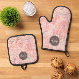Elegantes Monogramm aus rosa Marmor Ofenhandschuh & Topflappen-Set