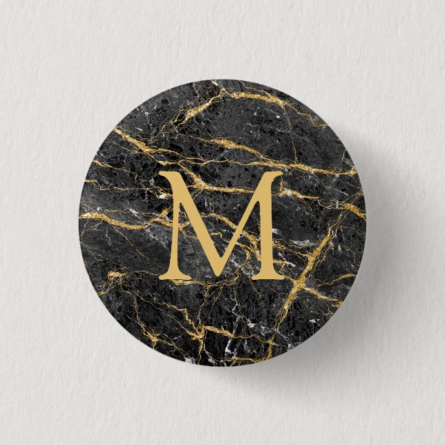 Elegantes Monogramm aus schwarzem Marmor Button (Vorderseite)