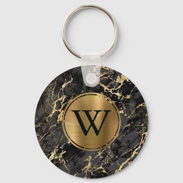 Elegantes Monogramm aus schwarzem Marmor Schlüsselanhänger (Vorderseite)