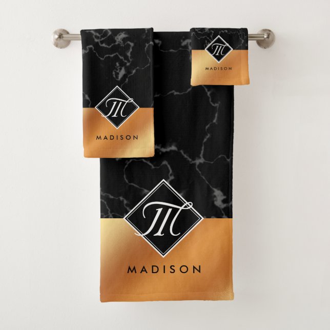 Elegantes Monogramm aus schwarzem Marmor und Kupfe Badhandtuch Set (Insitu)