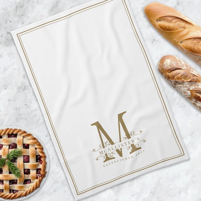 Elegantes Monogramm aus White und Gold-Klasse Geschirrtuch (Elegant White and Gold Classy Family Monogram Kitchen Towel)