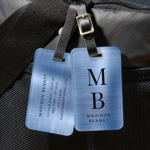 Elegantes Monogramm Blau Metallisch Gebürstet Gepäckanhänger