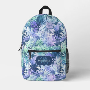 Elegantes Monogramm Blaue Grüne Blätter Bedruckter Rucksack