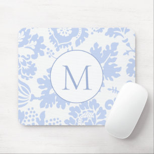 Elegantes Monogramm Blaues Botanisches Blumenmuste Mousepad