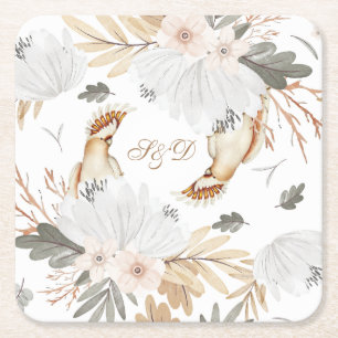 Elegantes Monogramm Boho-Aquarellblumen und -Vögel Rechteckiger Pappuntersetzer