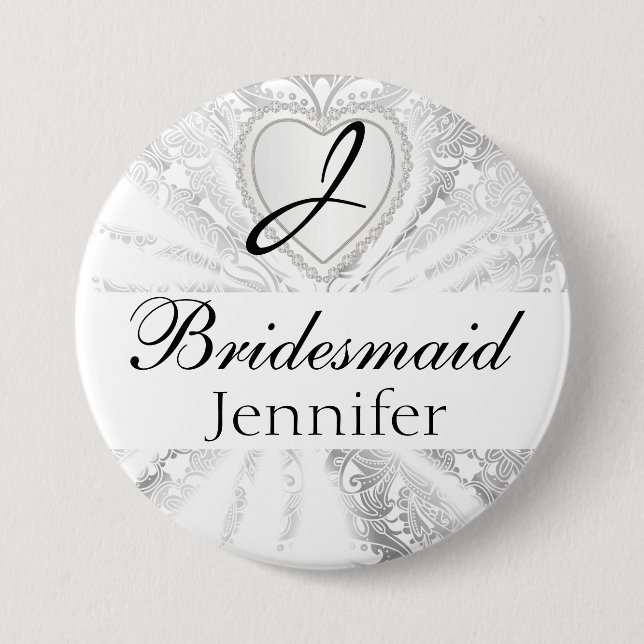 Elegantes Monogramm-Brautparty-weißer Button (Vorderseite)