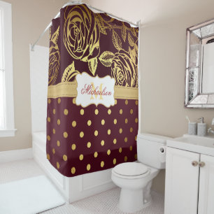 Elegantes Monogramm Burgunderrot Goldene Rose Punk Duschvorhang