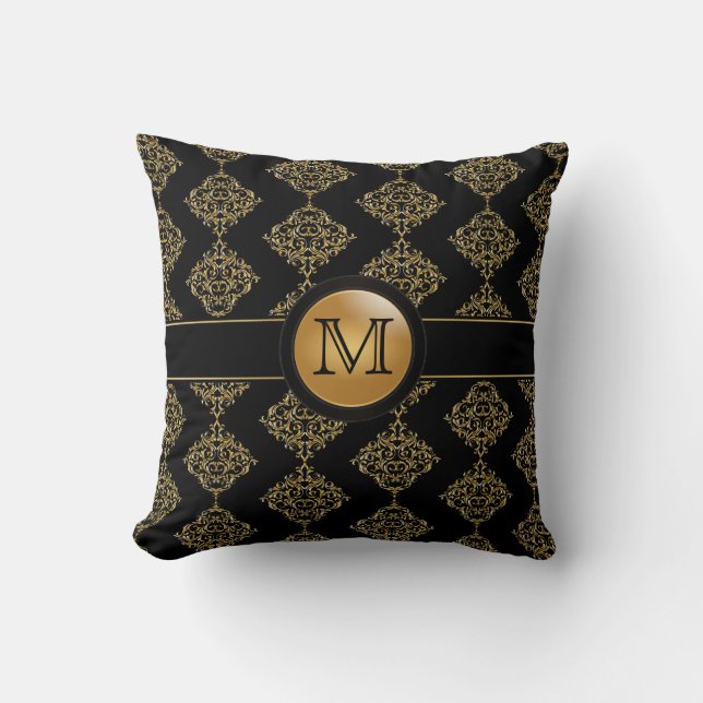 Elegantes Monogramm des Golddamast-Muster-| Kissen (Vorderseite)