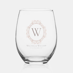 Elegantes Monogramm Dusty Blush Klassische Hochzei Weinglas Ohne Stiel