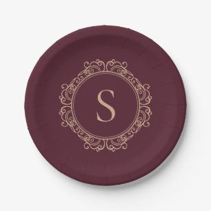 Elegantes Monogramm Erstmaliges Klassisches Burgun Pappteller