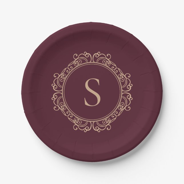 Elegantes Monogramm Erstmaliges Klassisches Burgun Pappteller (Vorderseite)