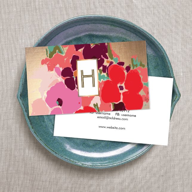 Elegantes Monogramm, farbenfrohe Blüte, Gold Visitenkarte (Von Creator hochgeladen)