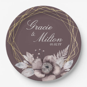 Elegantes Monogramm Floral Mauve Gold Hochzeit  Pappteller